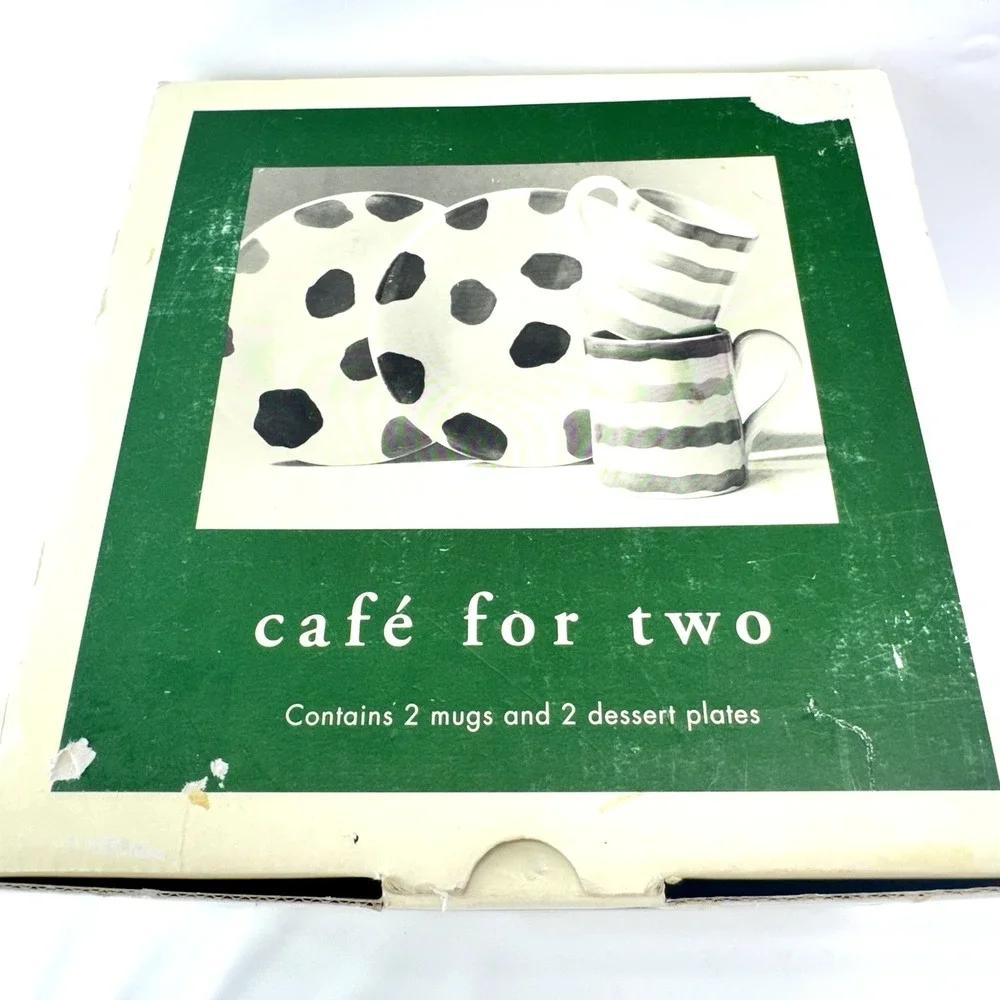 Pier 1 Italy Handpainted Stripe Polka Dot Cafe For Two Mug Plate Set Box Rare